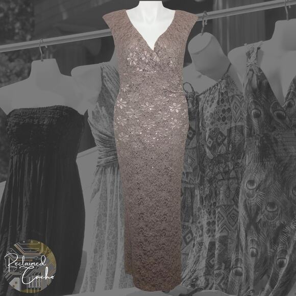 Connected Apparel Dusty Taupe Maxi Sequined Lace Evening Gown- Size 12 - Picture 1 of 10